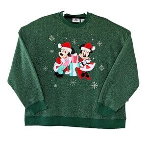 Disney Large Green Glitter Embroidered Christmas Mickey and Minnie Sweater